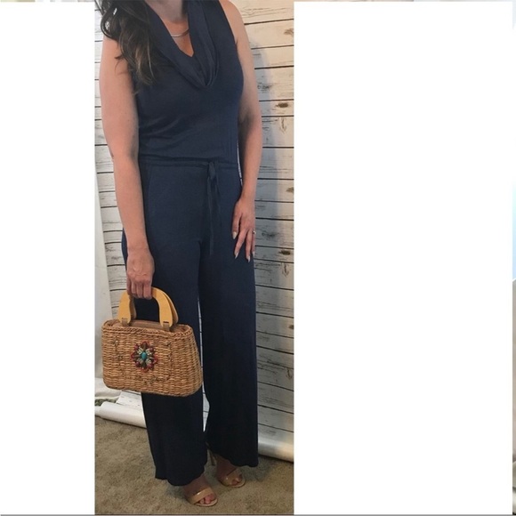 Max Studio Sleeveless Navy Blue Cowl Neck Jumpsuit Pockets L - Picture 3 of 7